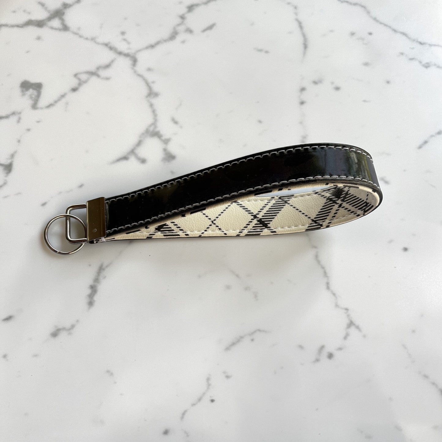 Key Chain Wristlet | Handmade Key Fob Wristlet Holographic Black White Plaid