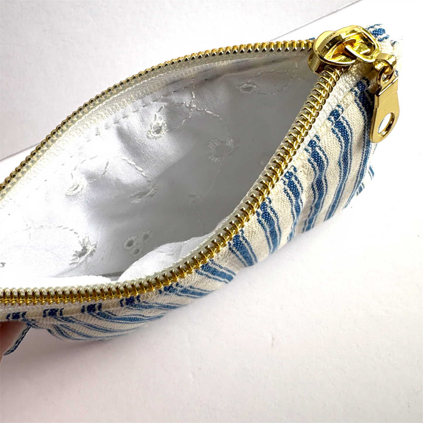 Coin Pouch Handmade Zipper Pouch Blue White Striped
