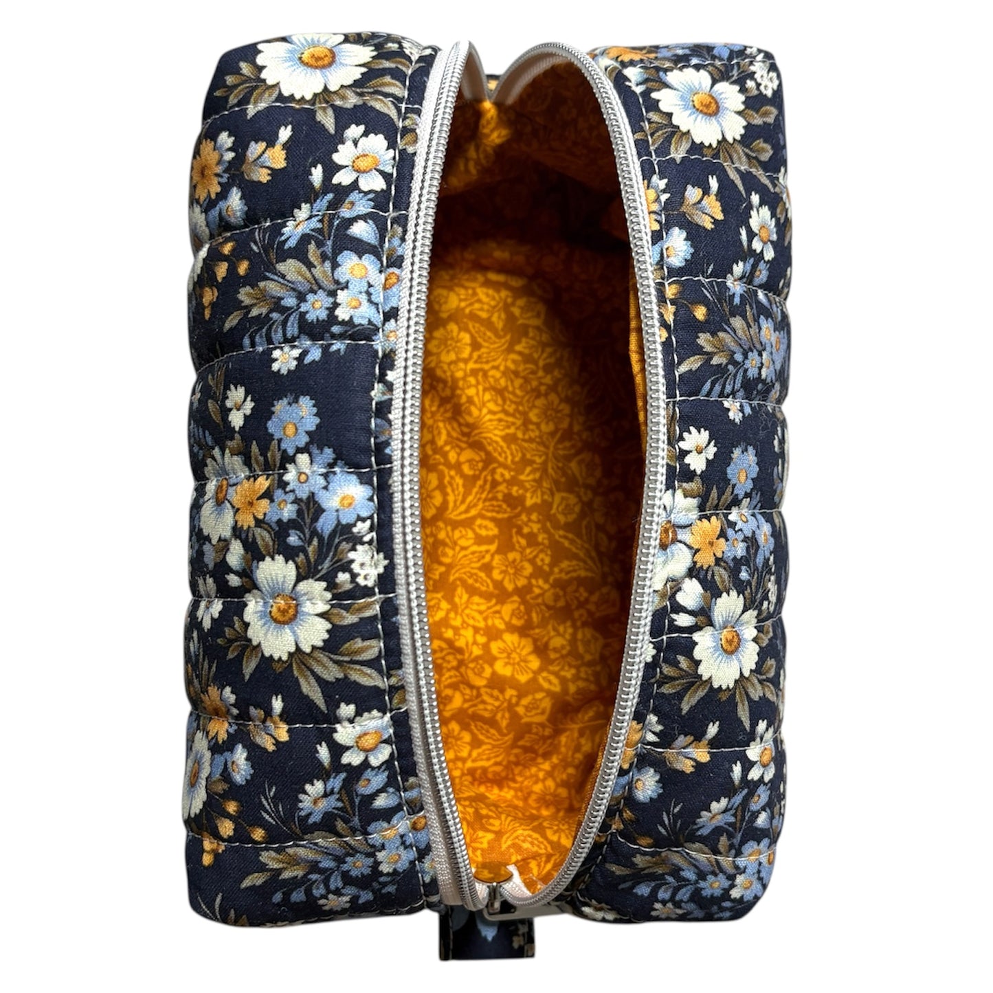 Cozy Cabin Blue Floral Boxy Makeup Bag - Handmade Zipper Toiletry Bag
