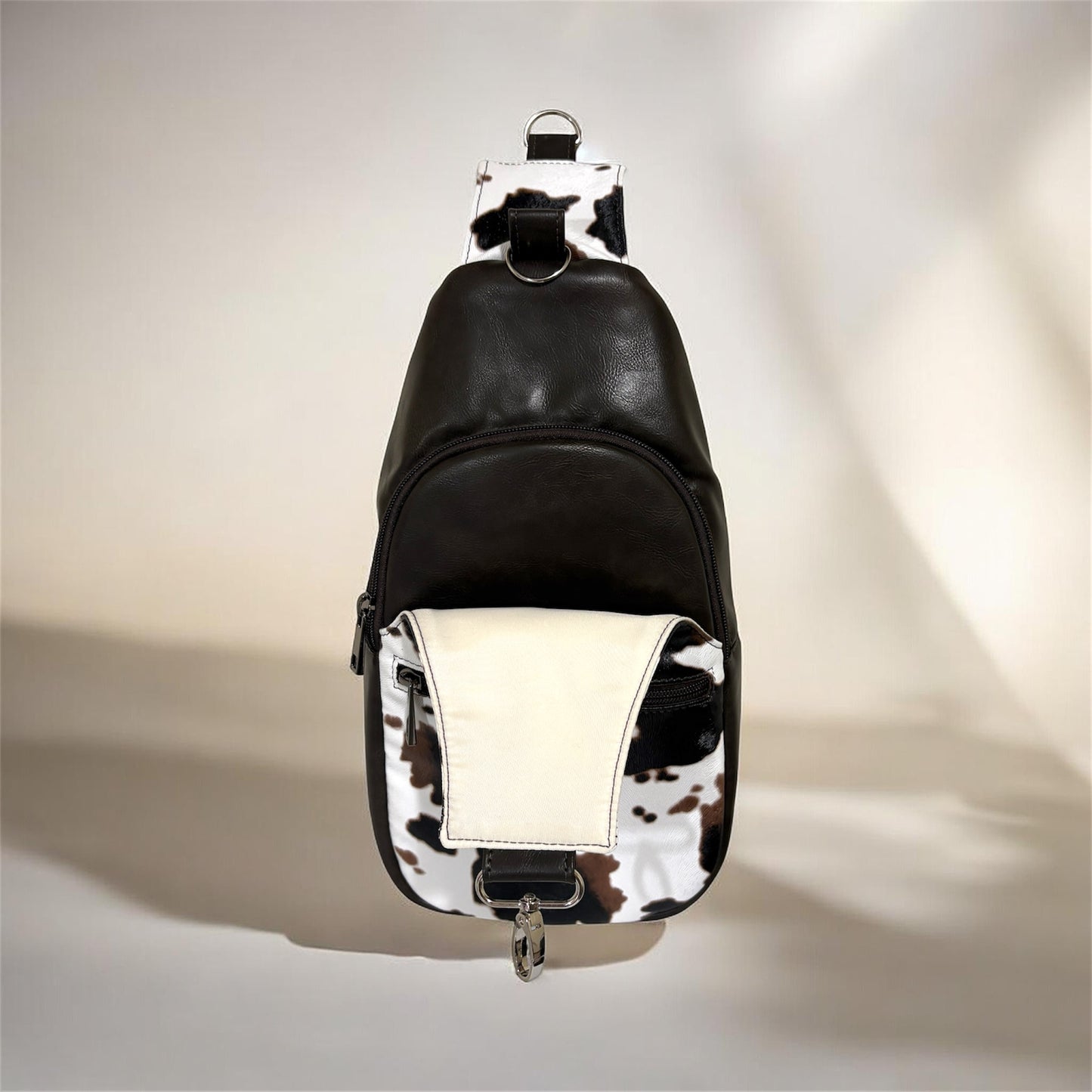 Retro Style Sling Bag - cow Design Crossbody with Multiple Zipper Pockets