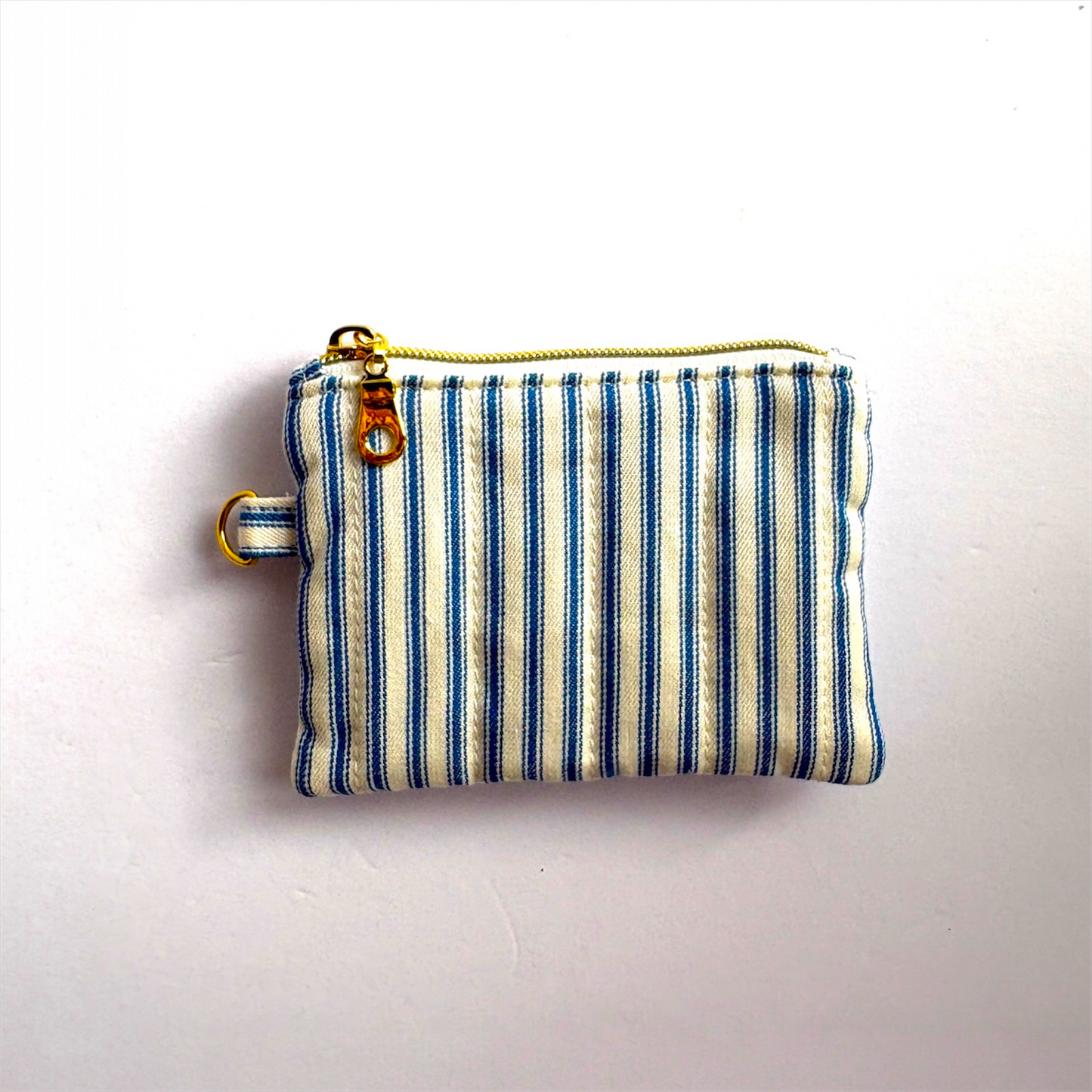Coin Pouch Handmade Zipper Pouch Blue White Striped