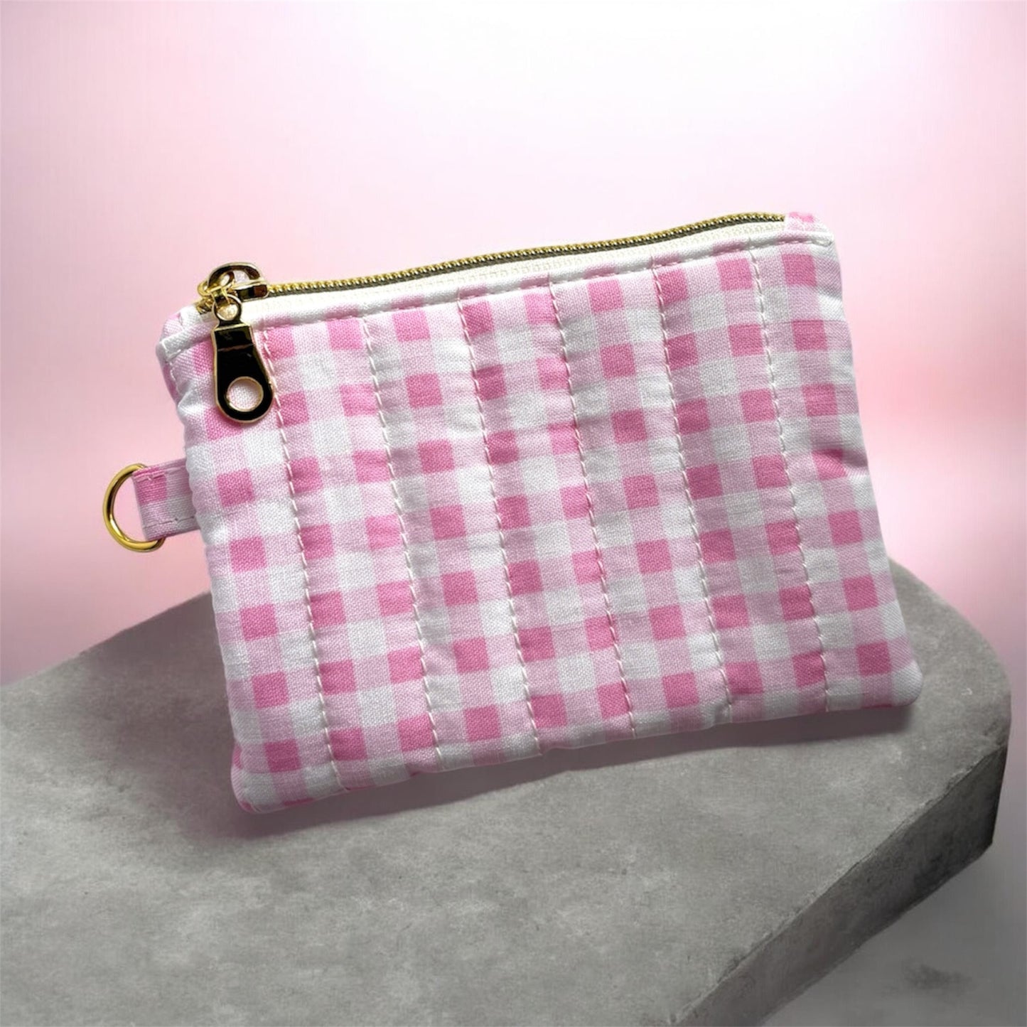 Coin Pouch Handmade Zipper Pouch Dark Pink Gingham