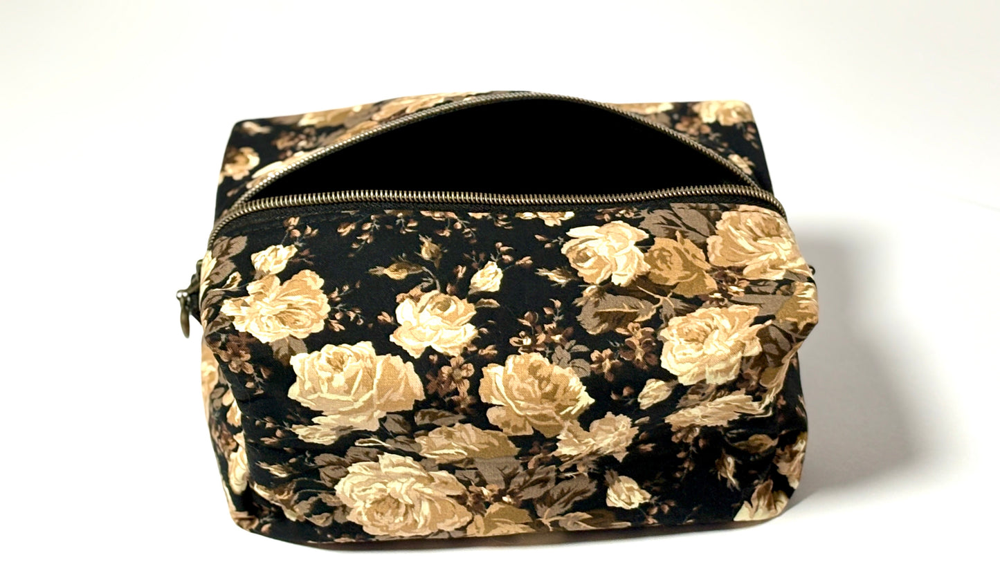Brown Beige Floral Makeup Boxy Bag