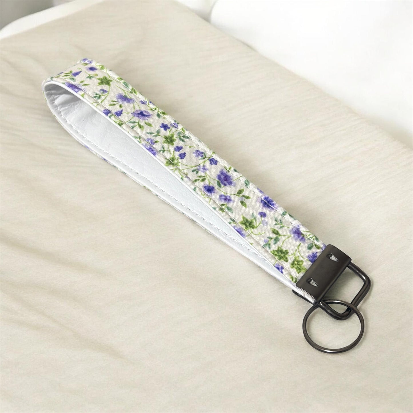 Key Chain Wristlet | Handmade Key Fob Wristlet White Purple Floral