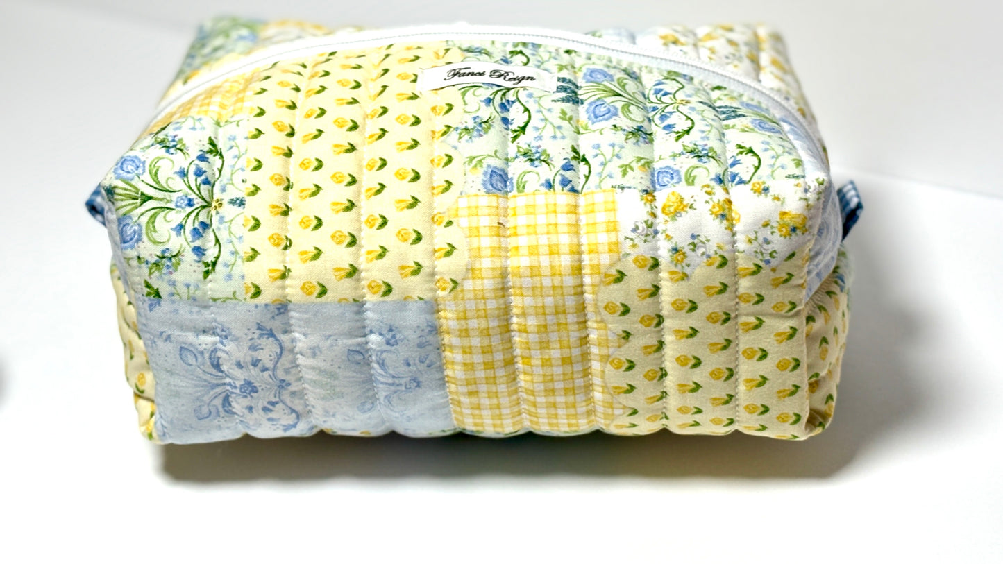 Make-Up/Boxy Bag - Quilted Yellow Blue Floral
