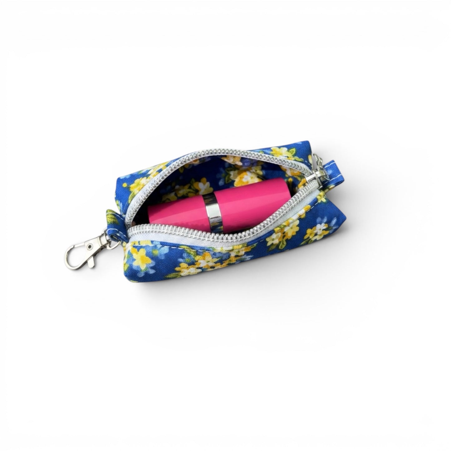 Lipstick/Chapstick Holder Royal Blue Yellow Floral Zipper Pouch with Lobster Clasp