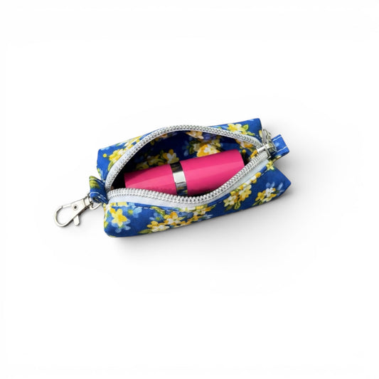 Lipstick/Chapstick Holder Royal Blue Yellow Floral Zipper Pouch with Lobster Clasp