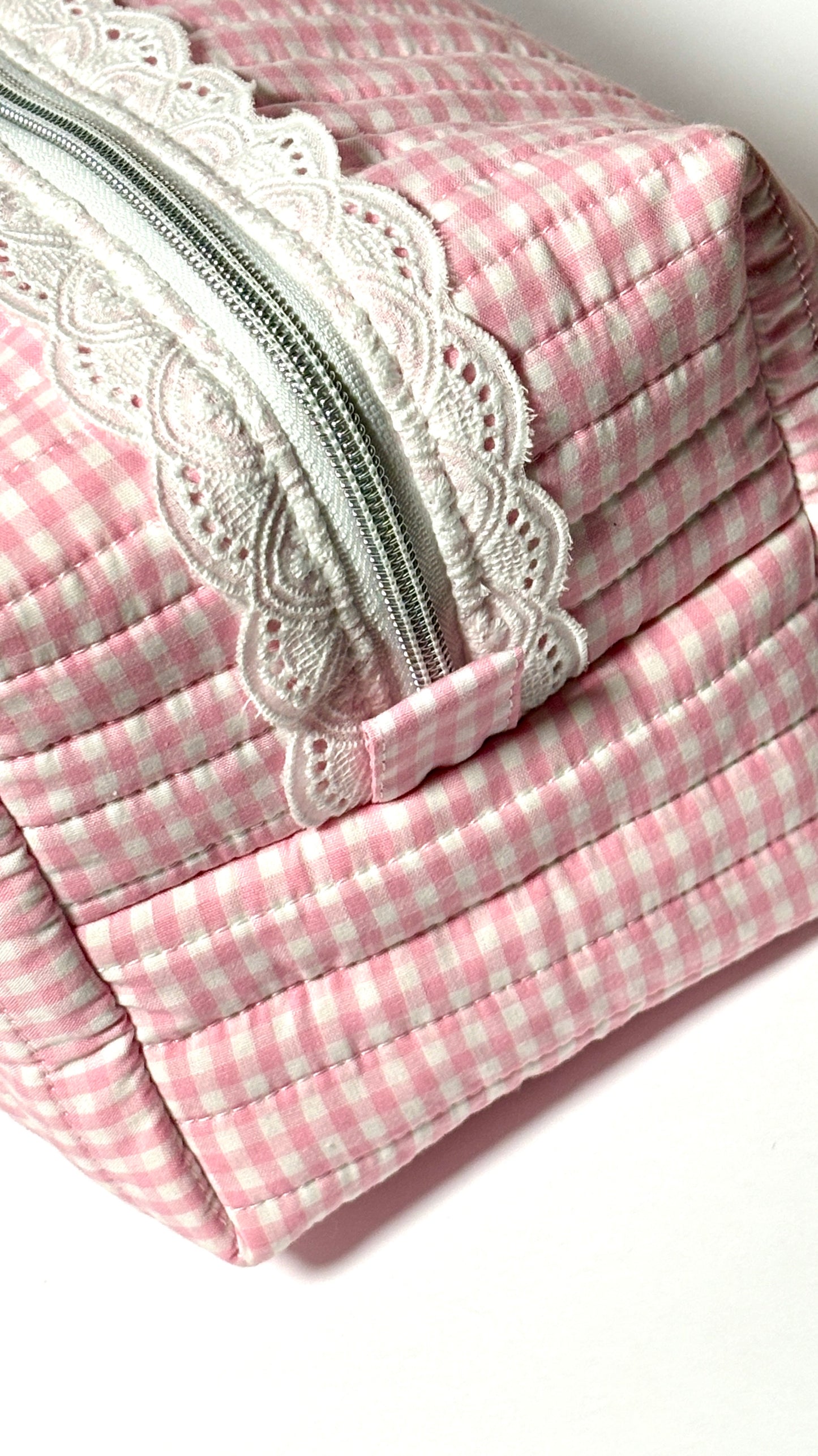 Make-Up/Boxy Bag - Pink Gingham Quilted