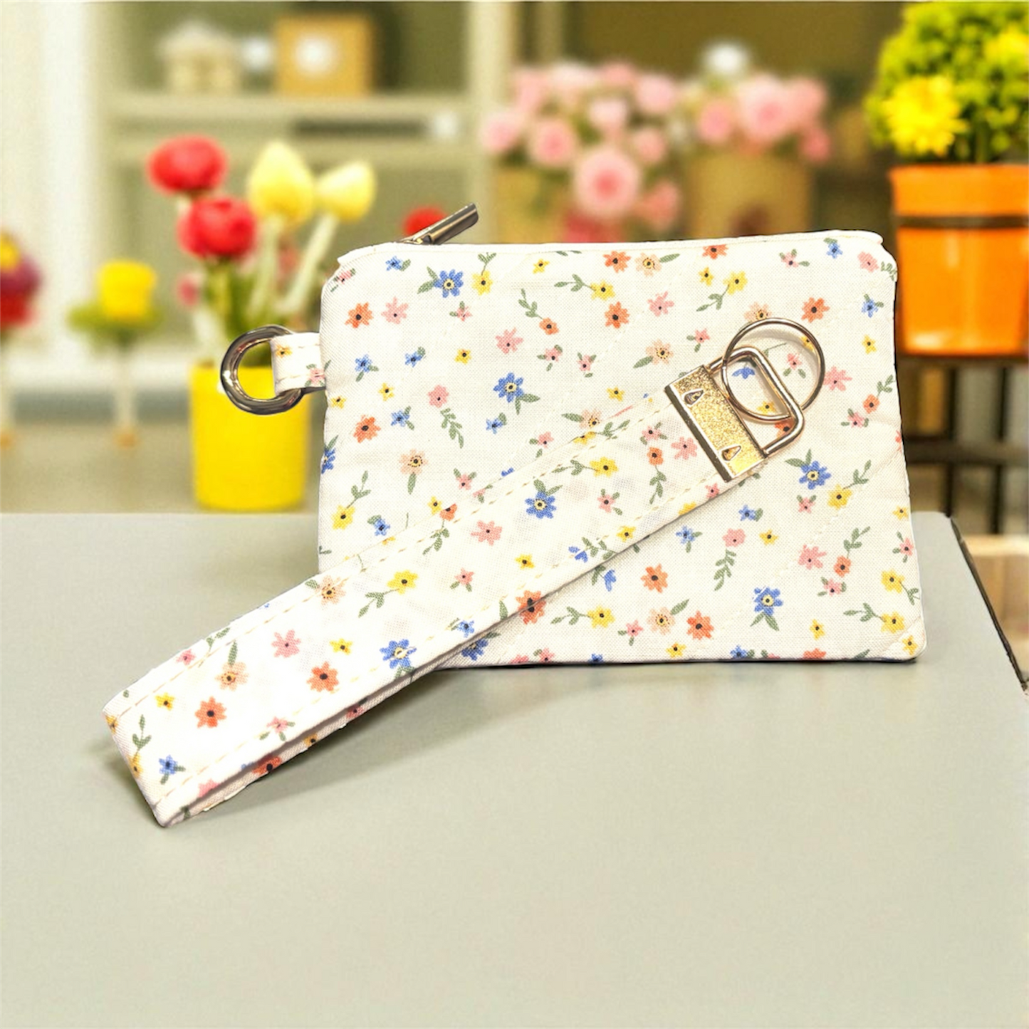 Coin Pouch Key Chain Combo White Floral
