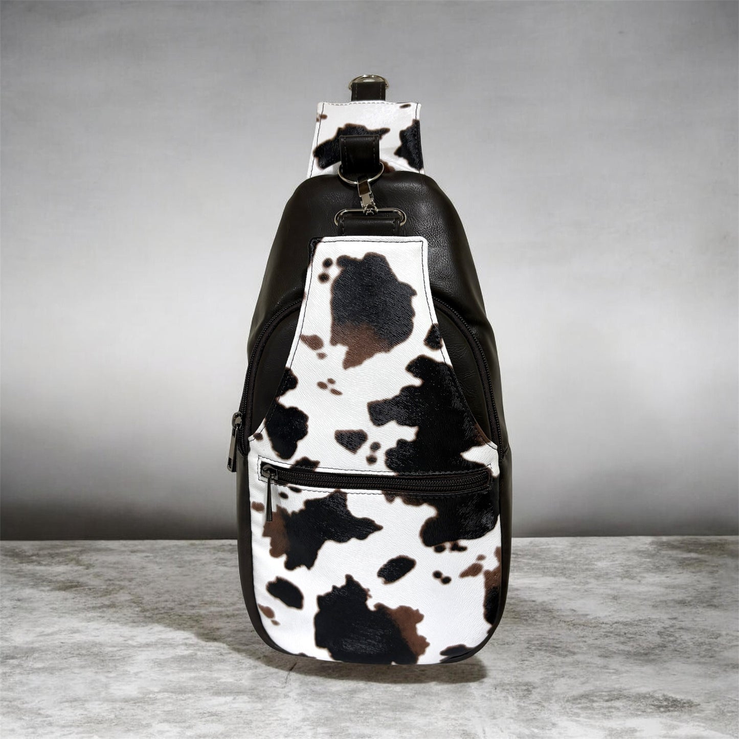 Retro Style Sling Bag - cow Design Crossbody with Multiple Zipper Pockets