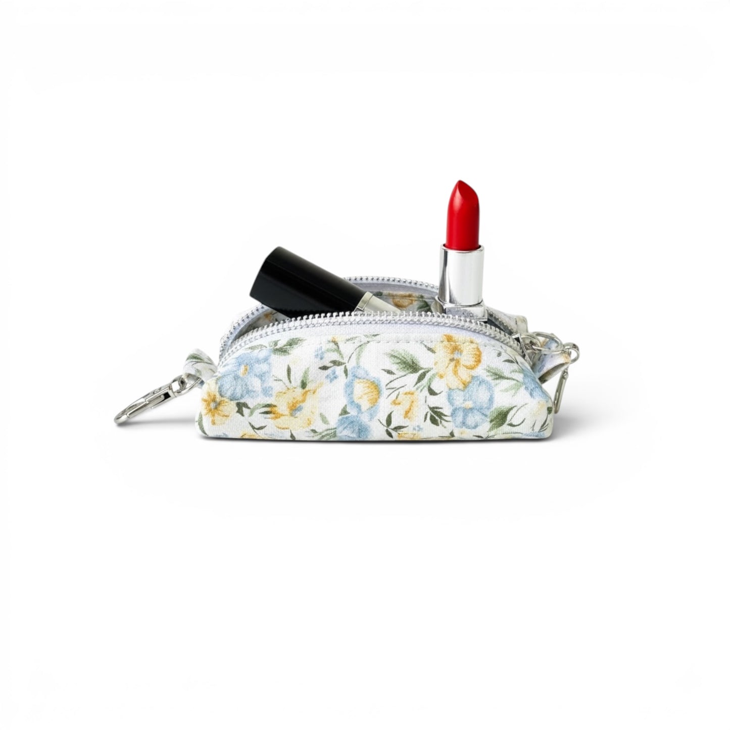 Lipstick/Chapstick Holder Yellow Blue Floral Zipper Pouch with Lobster Clasp