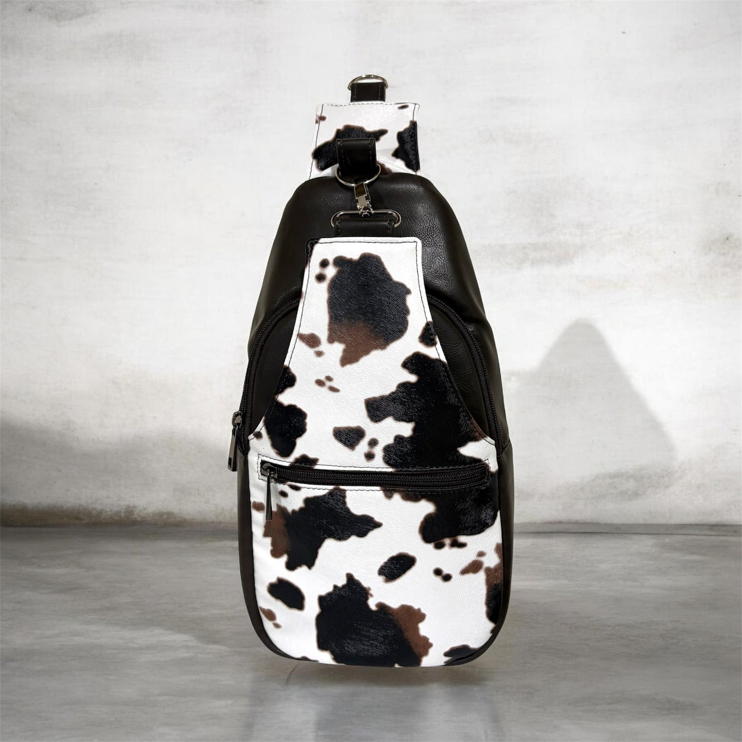Retro Style Sling Bag - cow Design Crossbody with Multiple Zipper Pockets