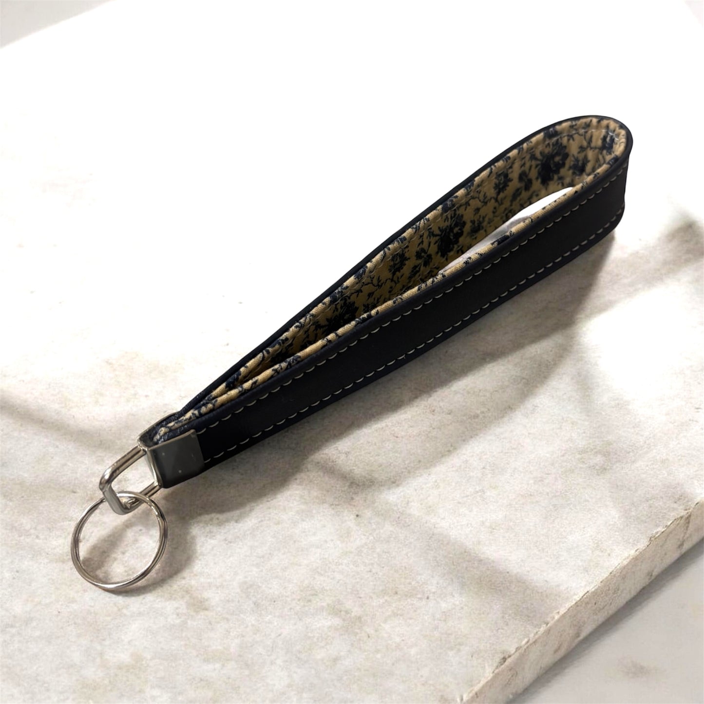 Key Chain Wristlet | Handmade Key Fob Wristlet Navy & Beige Floral