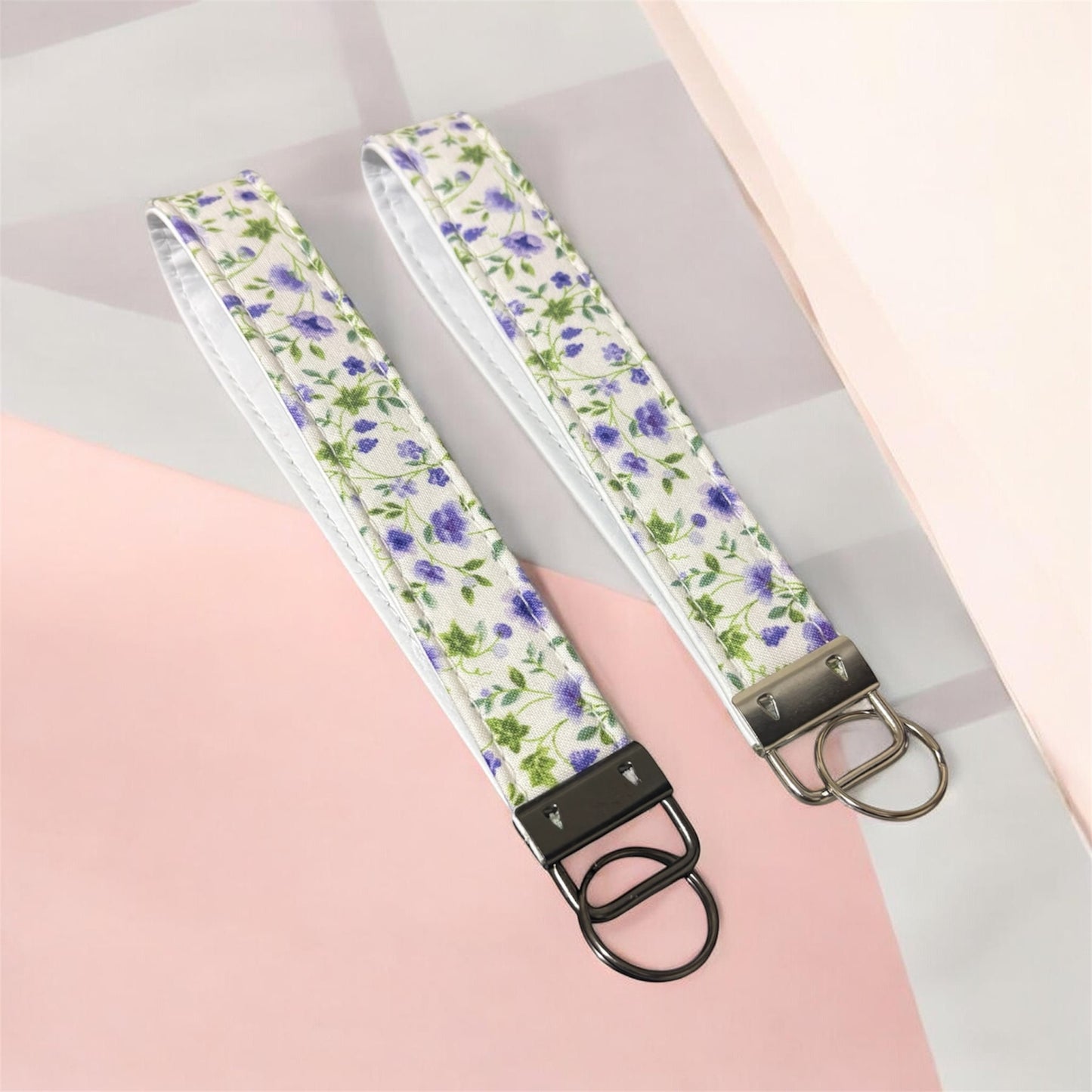 Key Chain Wristlet | Handmade Key Fob Wristlet White Purple Floral