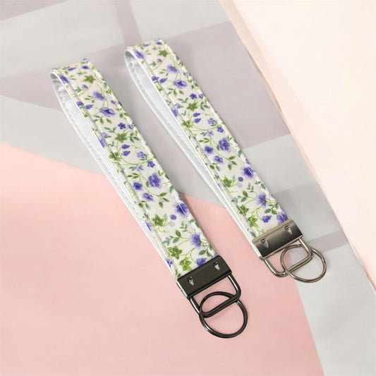 Key Chain Wristlet | Handmade Key Fob Wristlet White Purple Floral