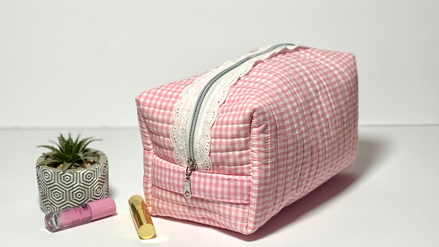 Make-Up/Boxy Bag - Pink Gingham Quilted