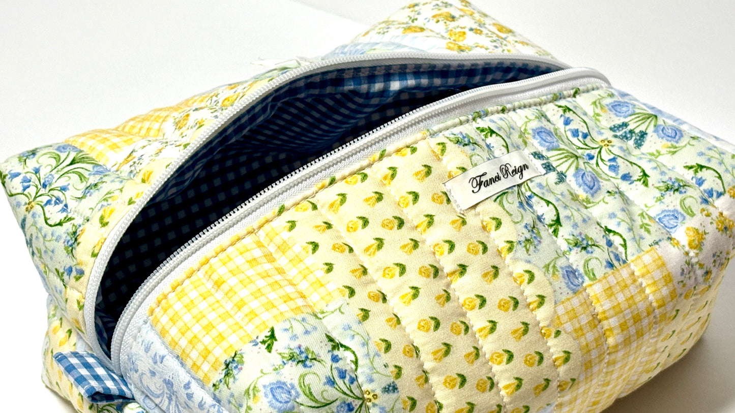 Make-Up/Boxy Bag - Quilted Yellow Blue Floral