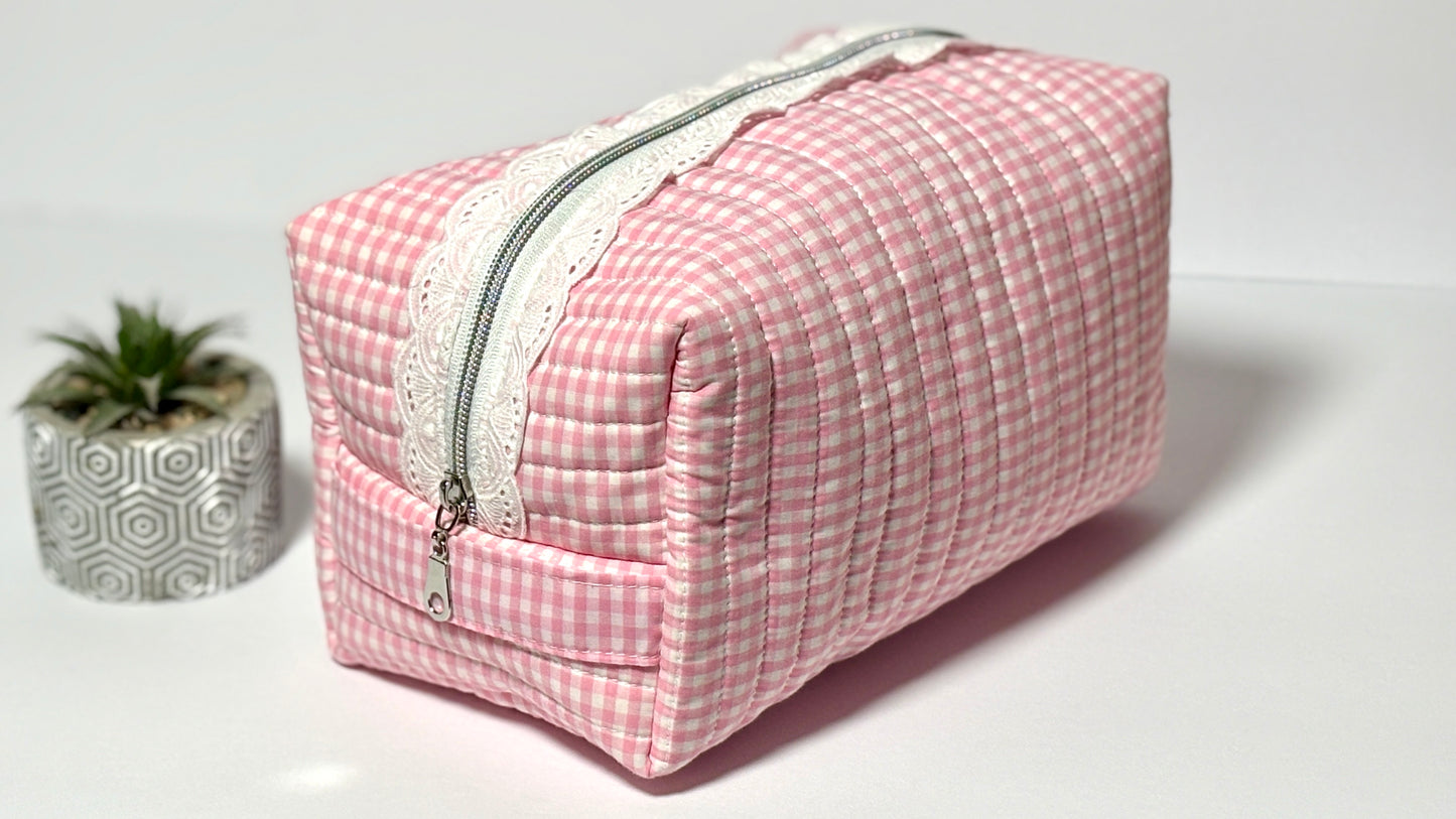 Make-Up/Boxy Bag - Pink Gingham Quilted