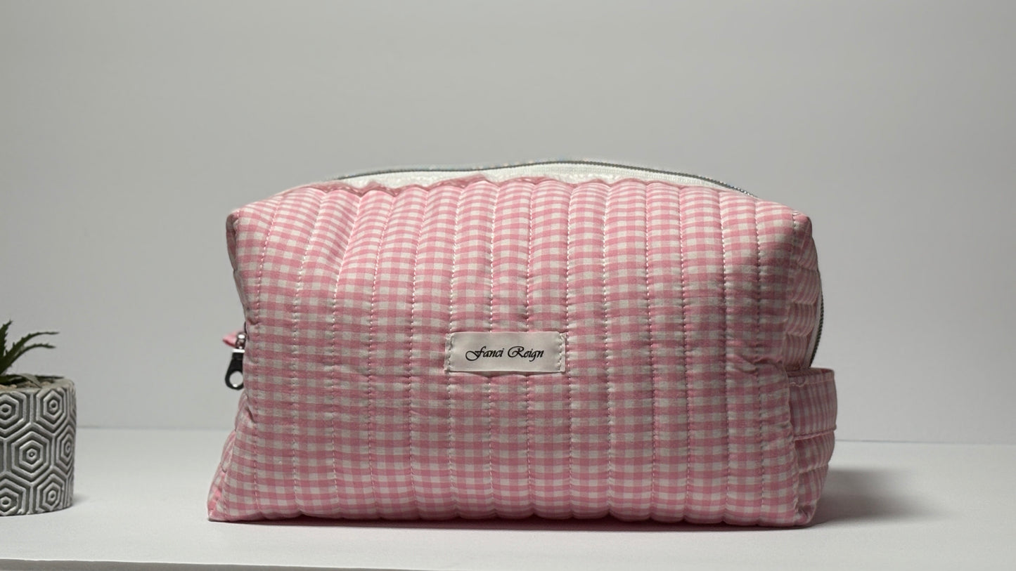 Make-Up/Boxy Bag - Pink Gingham Quilted