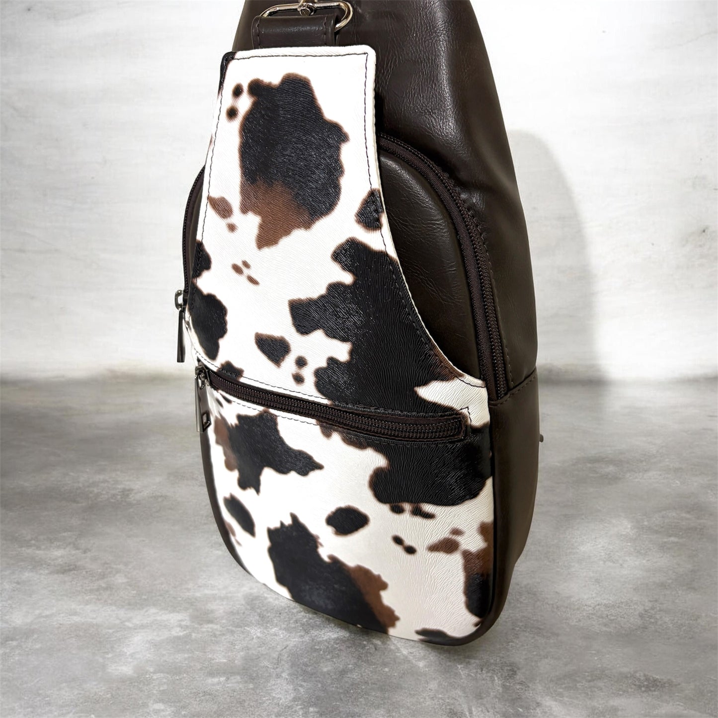 Retro Style Sling Bag - cow Design Crossbody with Multiple Zipper Pockets
