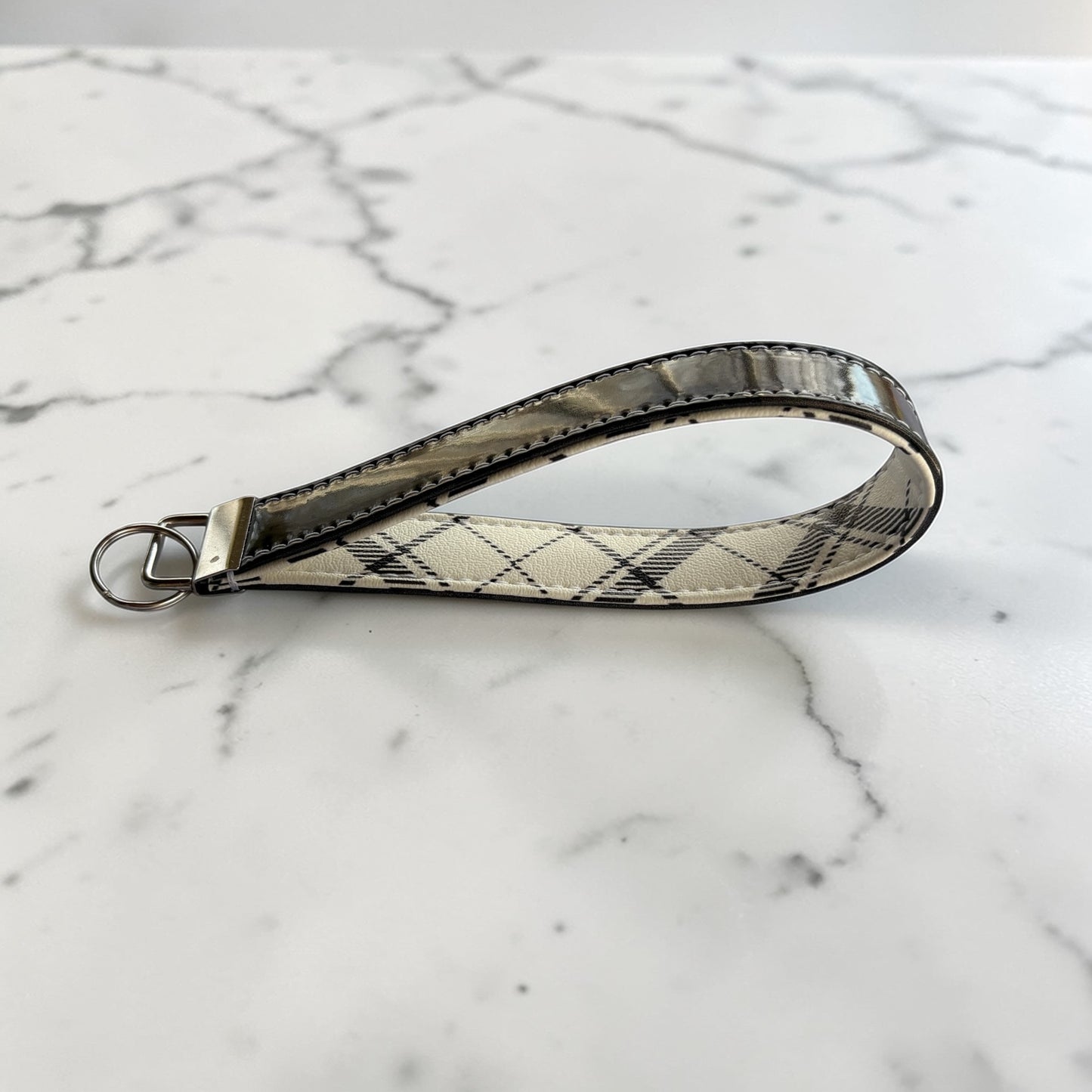 Key Chain Wristlet | Handmade Key Fob Wristlet Holographic Black White Plaid