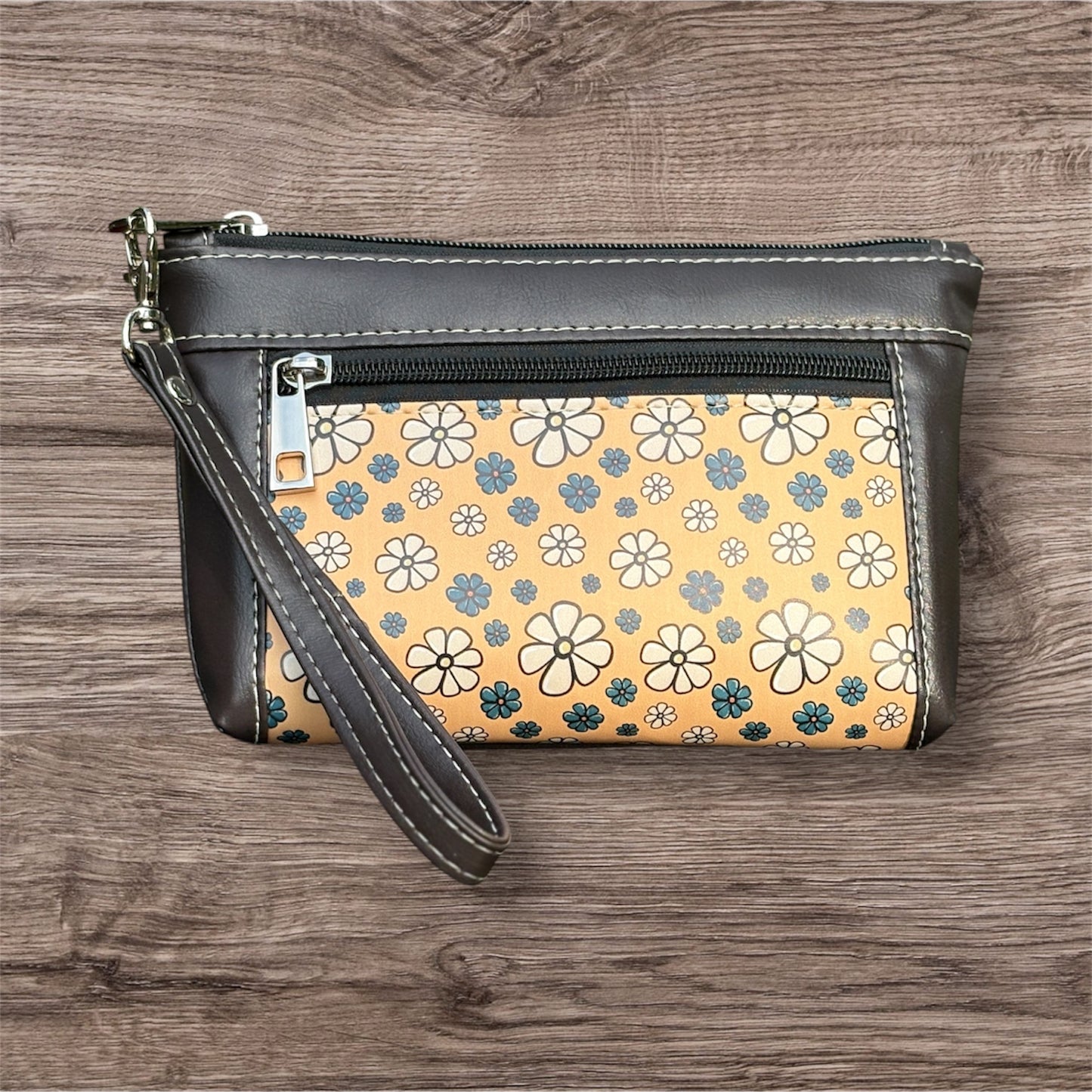 Wristlet Pouch Floral Brown and Yellow