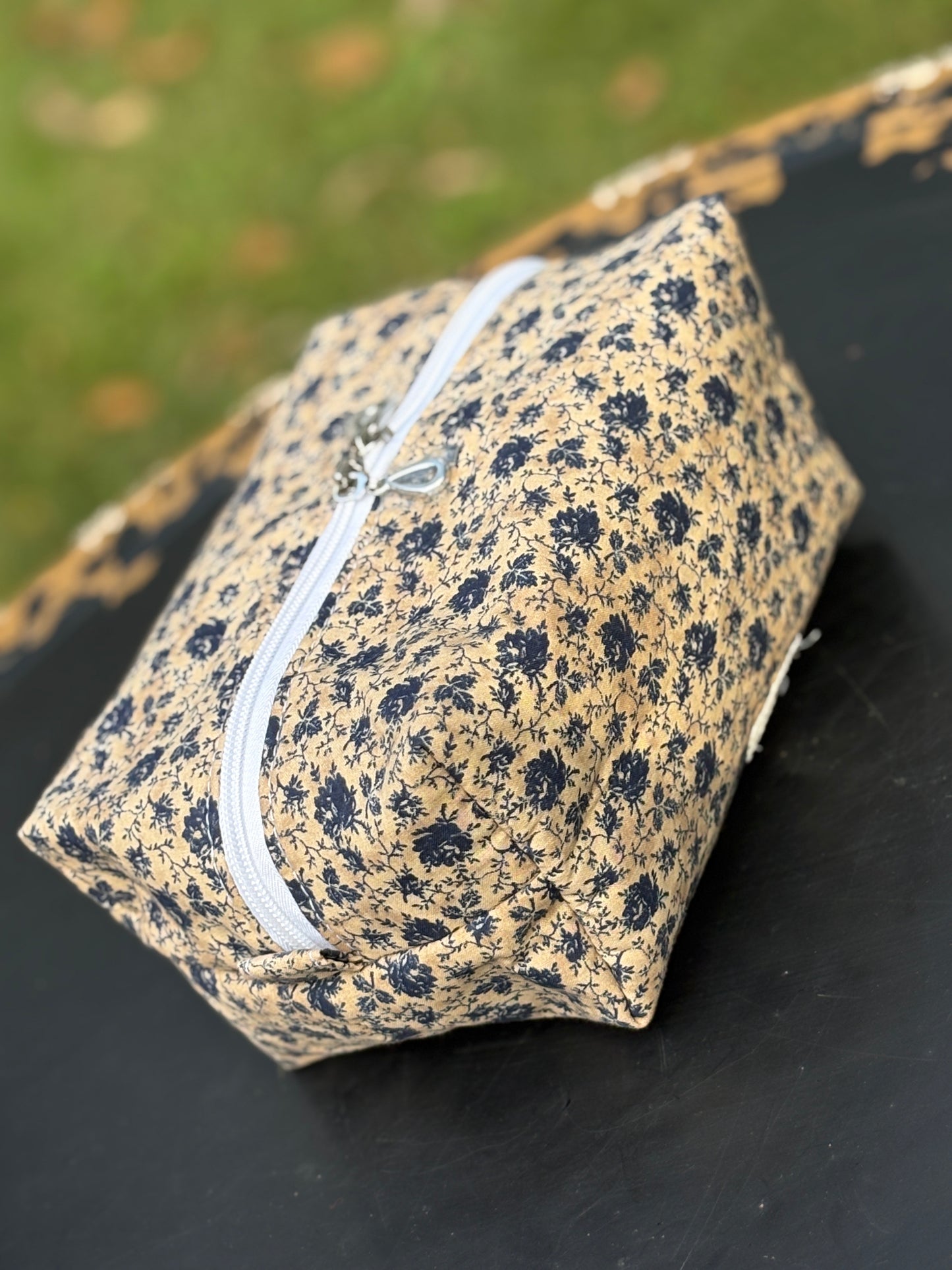 Makeup Toiletry Bag Floral Beige Blue