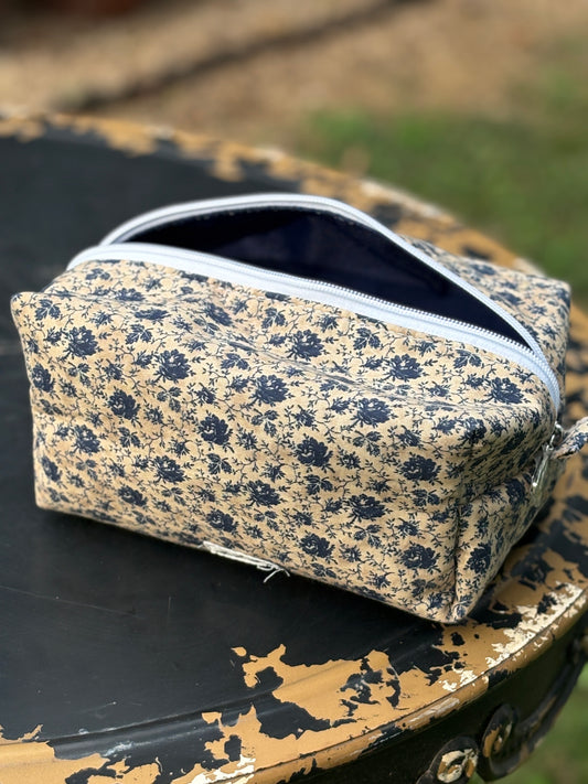 Makeup Toiletry Bag Floral Beige Blue