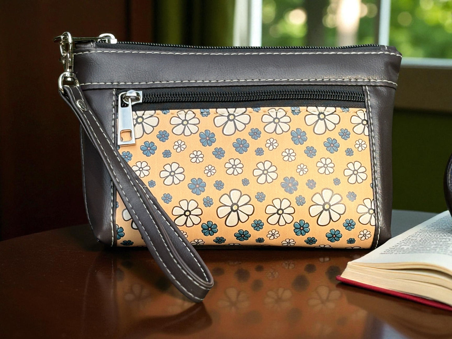 Wristlet Pouch Floral Brown and Yellow