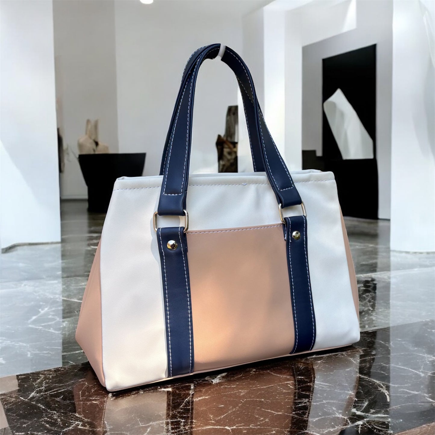 Monroe Handbag - Navy White Tan
