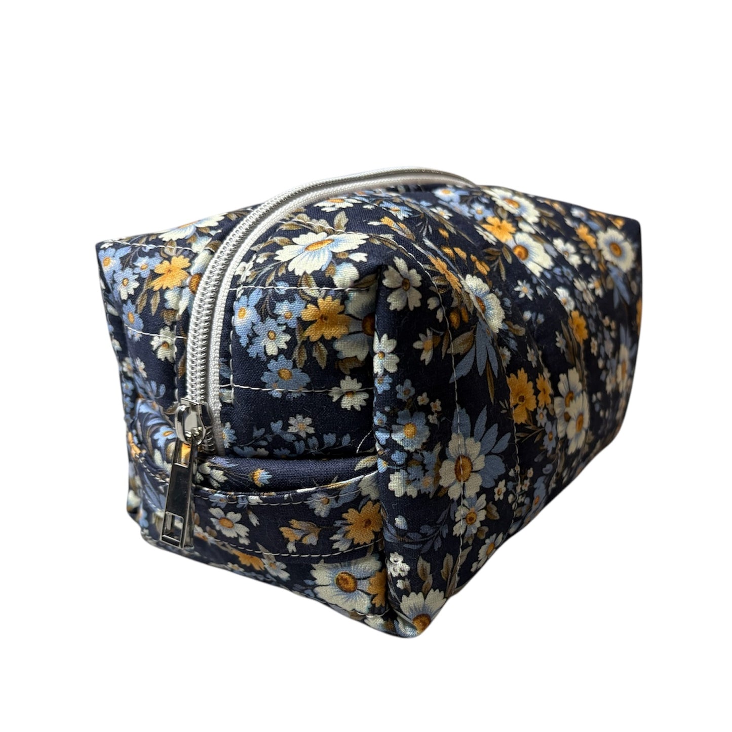 Cozy Cabin Blue Floral Boxy Makeup Bag - Handmade Zipper Toiletry Bag