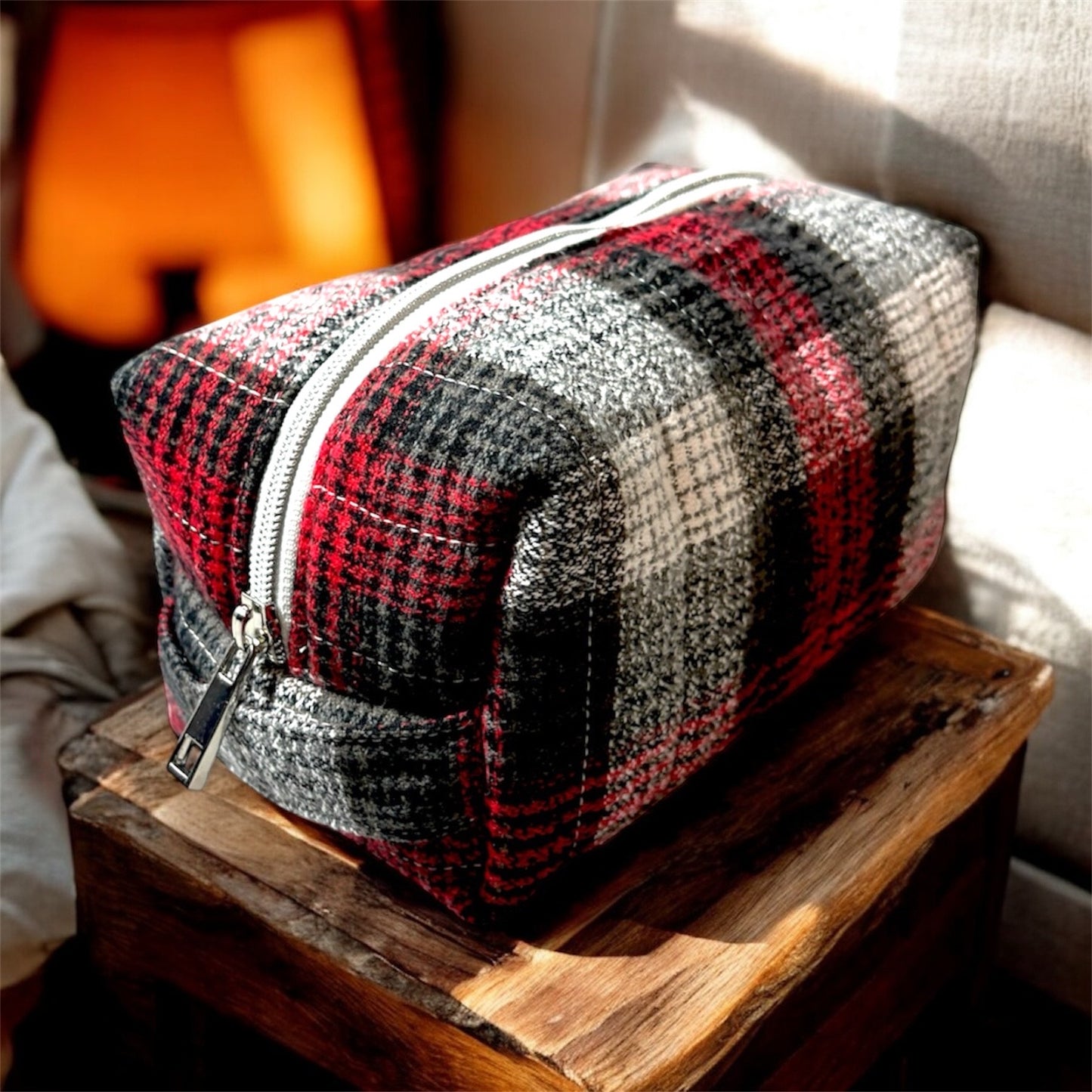 Cozy Cabin Plaid Boxy Makeup Bag - Handmade Zipper Toiletry Bag