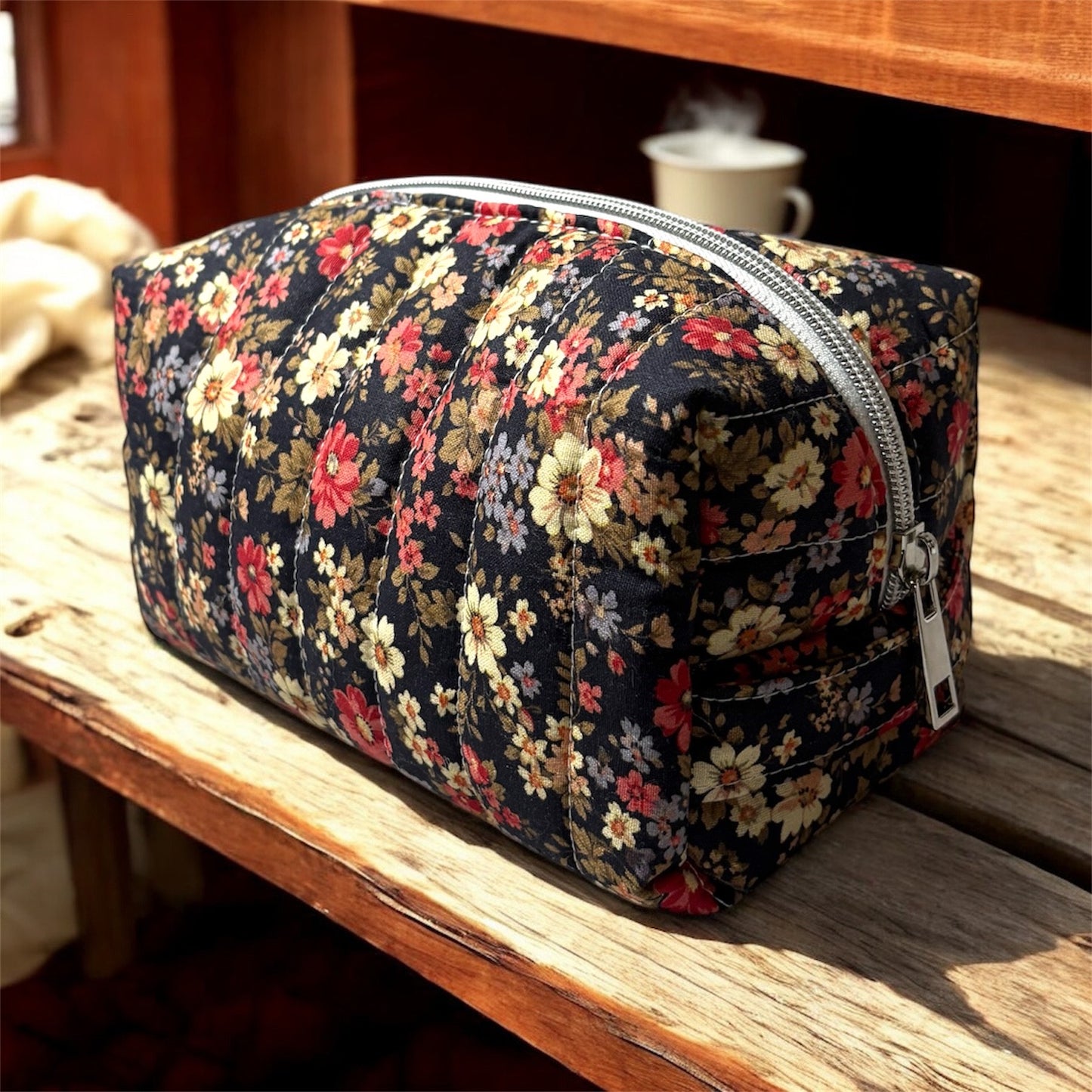 Cozy Cabin Red Floral Boxy Makeup Bag - Handmade Zipper Toiletry Bag