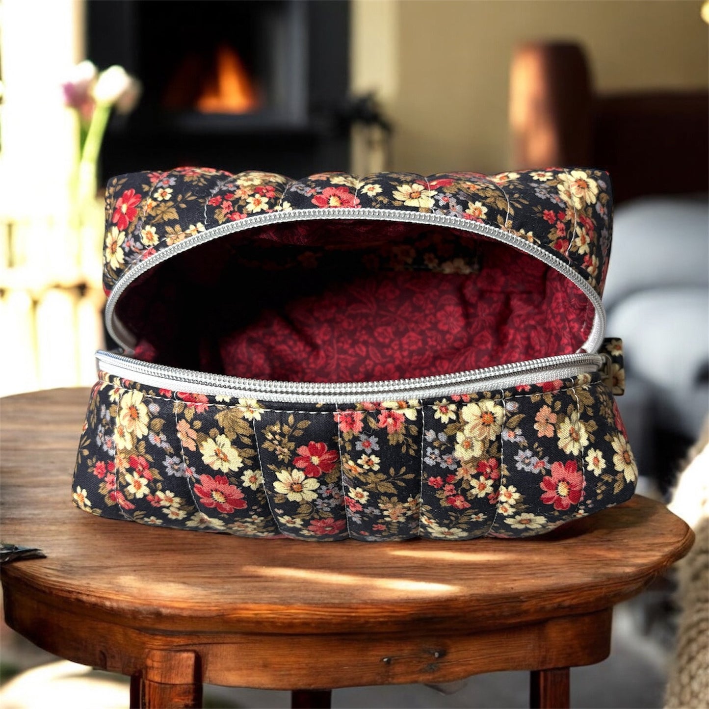 Cozy Cabin Red Floral Boxy Makeup Bag - Handmade Zipper Toiletry Bag