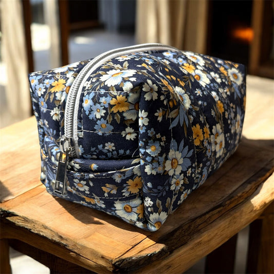 Cozy Cabin Blue Floral Boxy Makeup Bag - Handmade Zipper Toiletry Bag