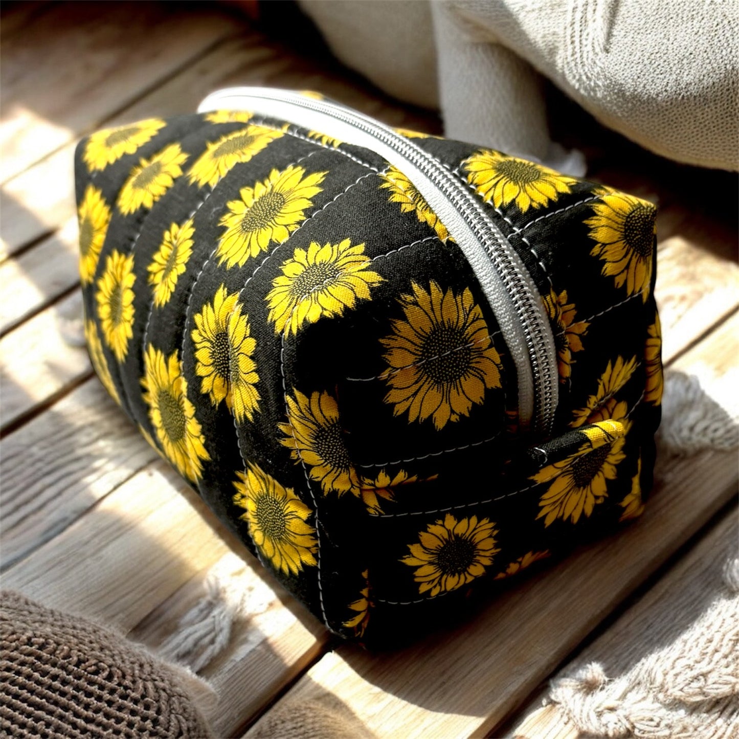 Cozy Cabin Sunflower Boxy Makeup Bag - Handmade Zipper Toiletry Bag