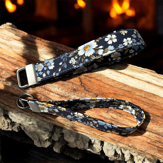 Key Chain Wristlet Handmade Fabric Key Fob Wristlet Blue Floral