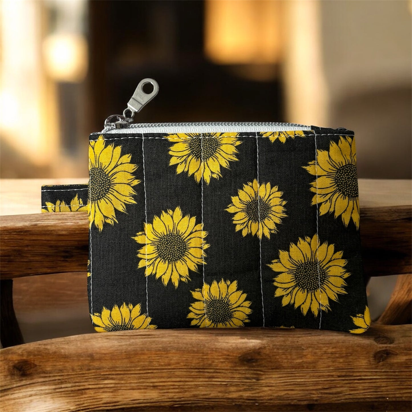 Cozy Cabin Sunflower Coin Pouch Handmade Zipper Pouch for Everyday Essentials