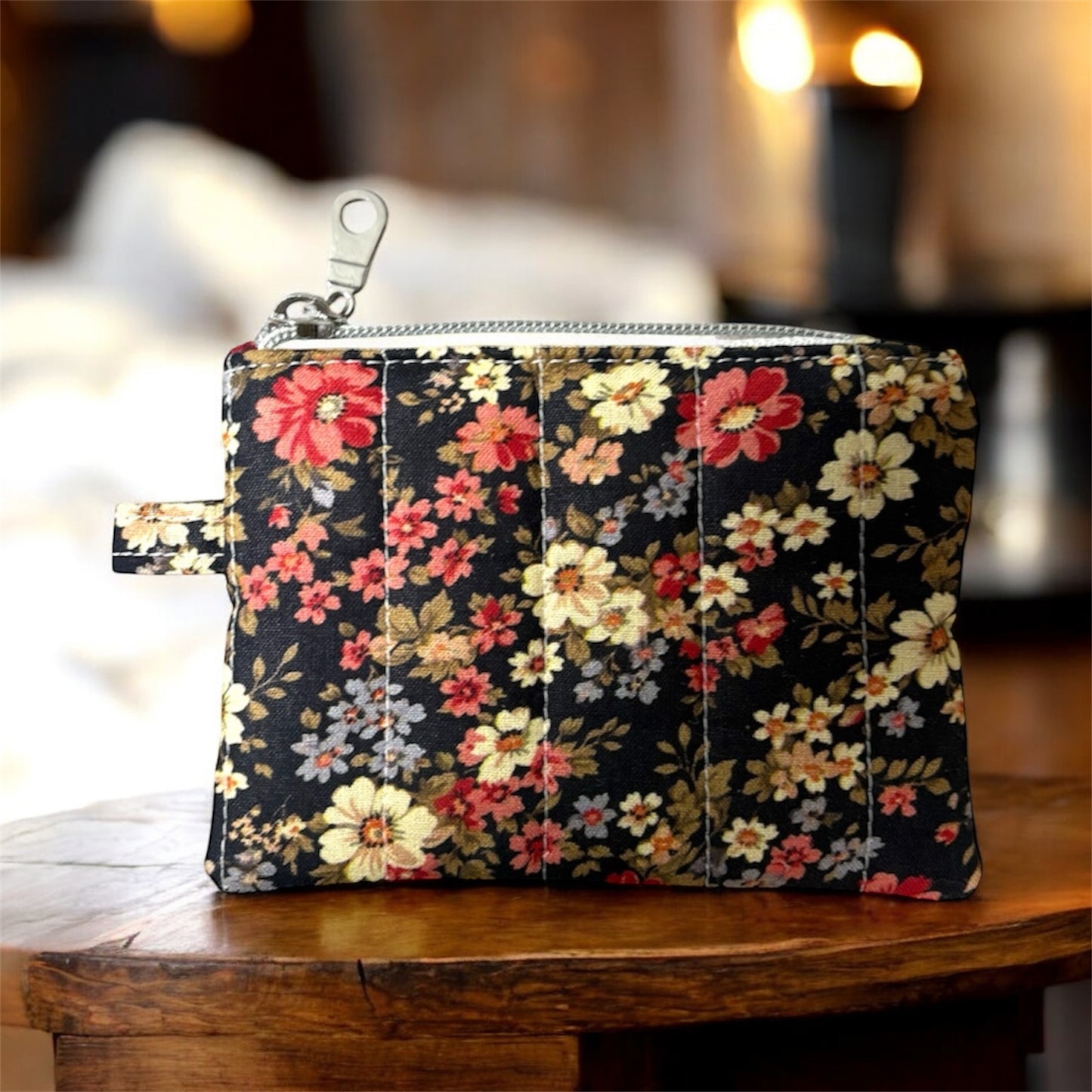 Cozy Cabin Red Floral Coin Pouch Handmade Zipper Pouch for Everyday Essentials