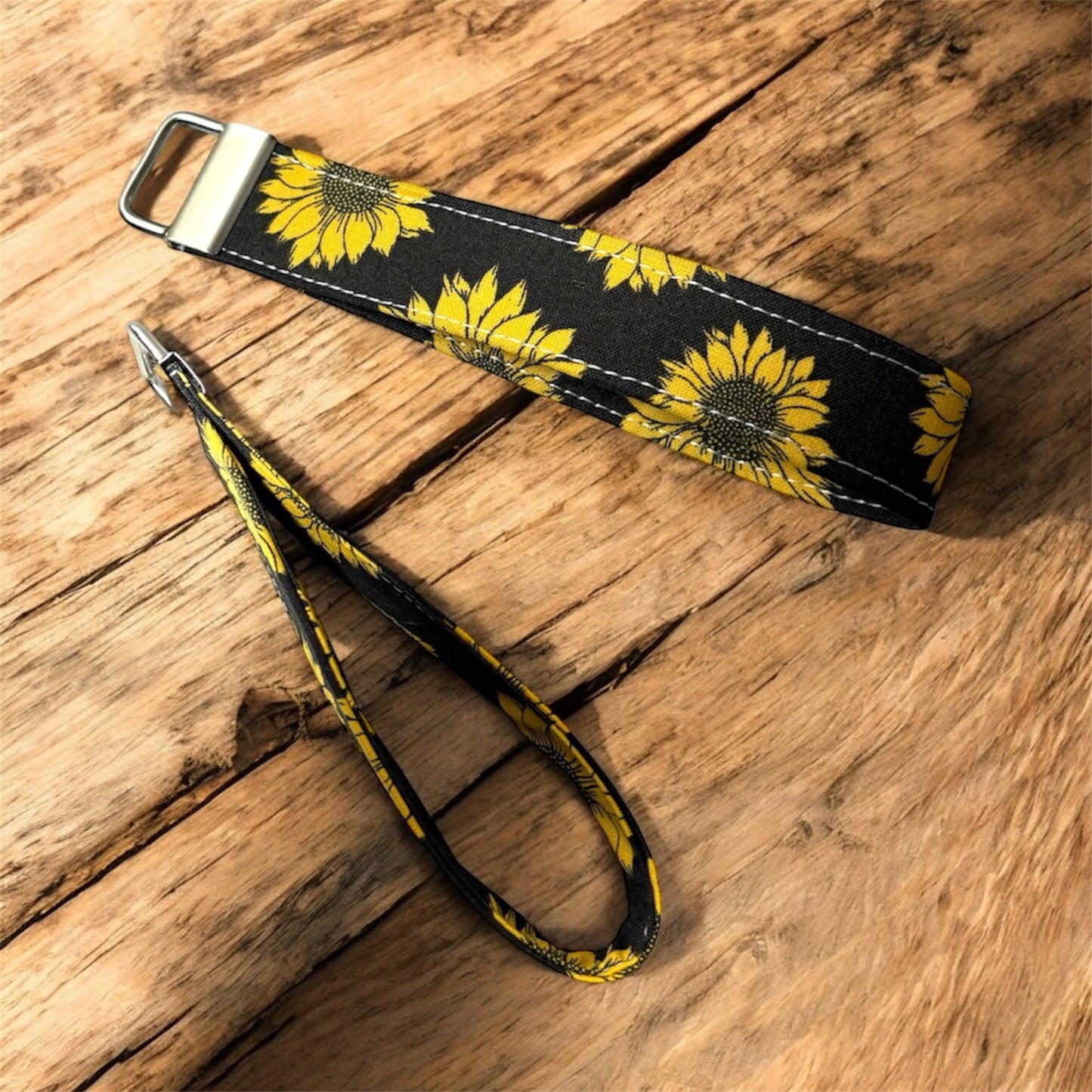 Cozy Cabin Sunflower Key Chain Wristlet | Handmade Fabric Key Fob Wristlet