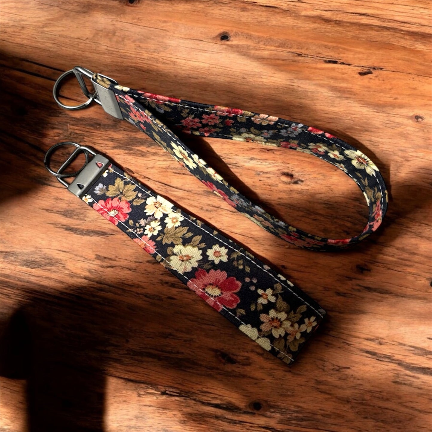 Cozy Cabin Red Floral Key Chain Wristlet | Handmade Fabric Key Fob Wristlet