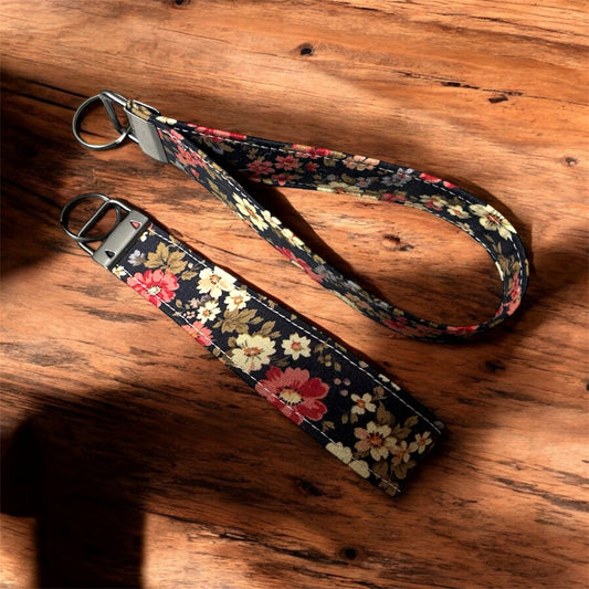 Cozy Cabin Red Floral Key Chain Wristlet | Handmade Fabric Key Fob Wristlet