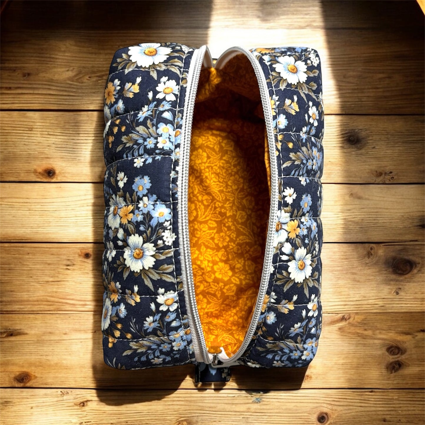 Cozy Cabin Blue Floral Boxy Makeup Bag - Handmade Zipper Toiletry Bag