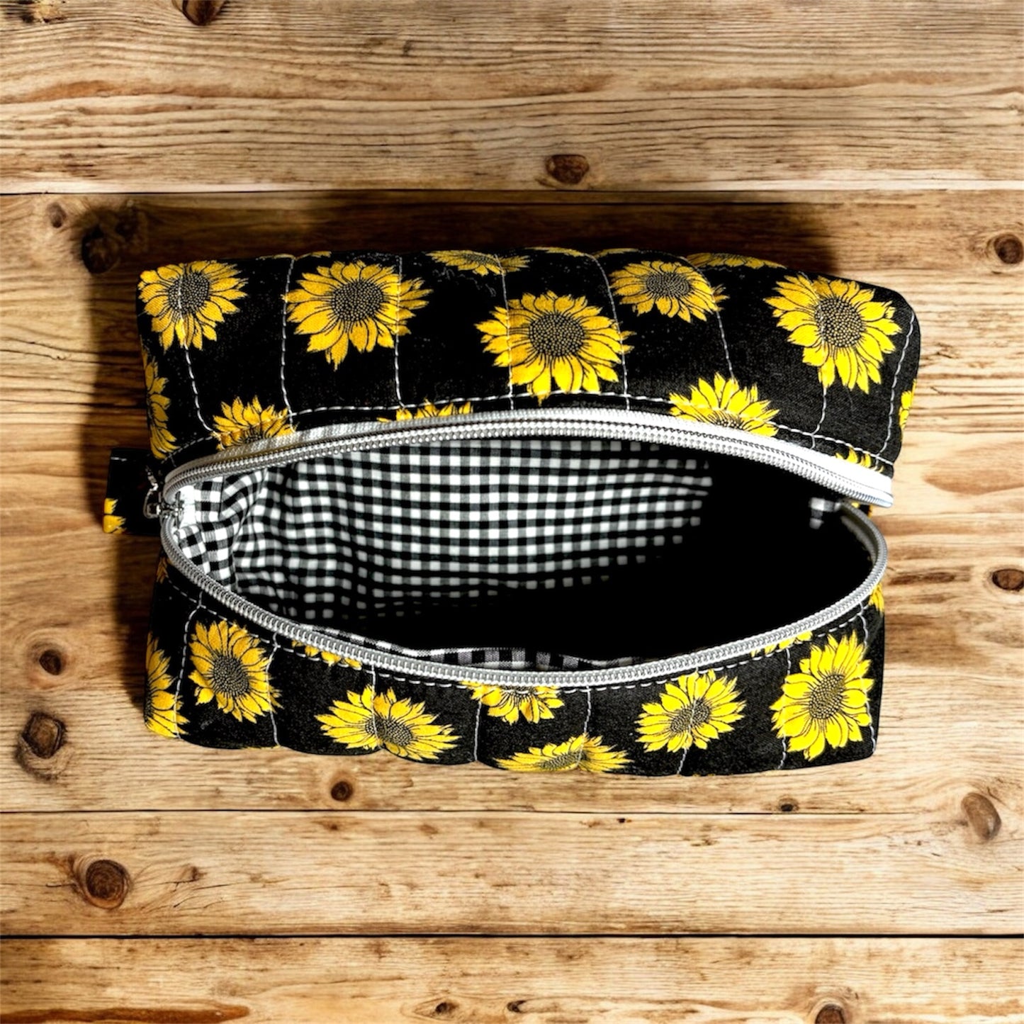 Cozy Cabin Sunflower Boxy Makeup Bag - Handmade Zipper Toiletry Bag