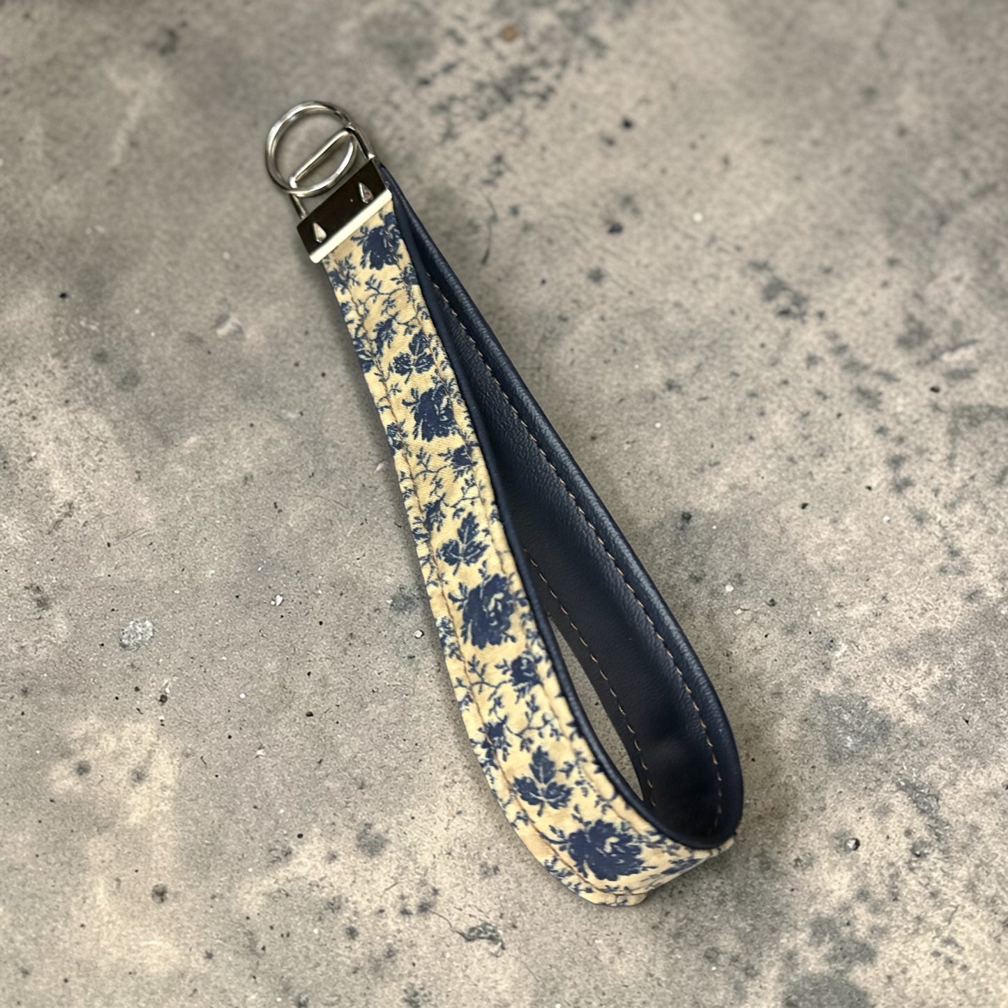 Key Chain Wristlet | Handmade Key Fob Wristlet  Beige Navy Floral
