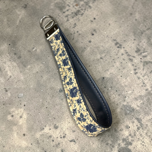 Key Chain Wristlet | Handmade Key Fob Wristlet  Beige Navy Floral